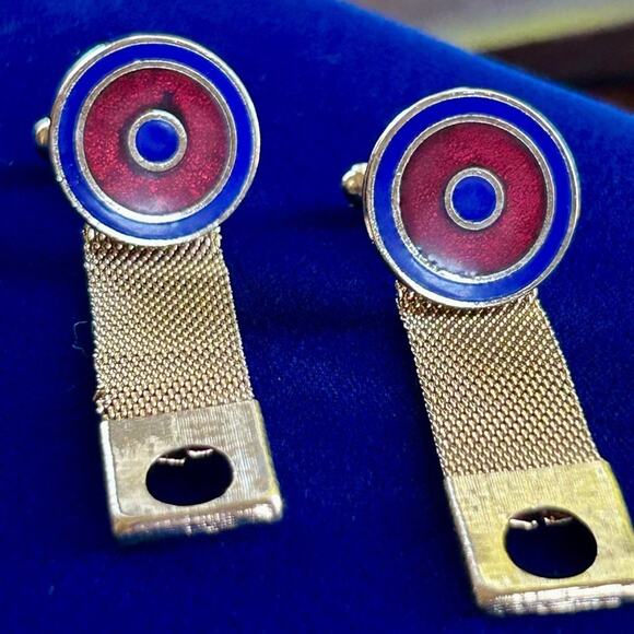 Vintage Blue and Red Bullseye Gold Tone Mesh Wrap Around Cufflinks - Picture 7 of 13